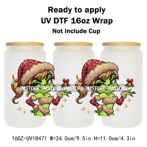 Faux Glitter Christmas Girl Green Guy UV DTF Stickers Ready To Apply Cup Wrap Custom Labels DIY Craft For Libbey Glass Can Mugs