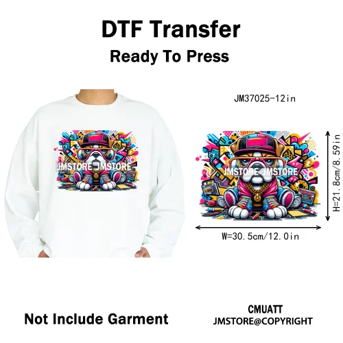 12in Streetwear Vibes Rich Cool Cartoon Bulldog King Designs Washable Iron on DTF Transfers Stickers Ready to Press for Clothes