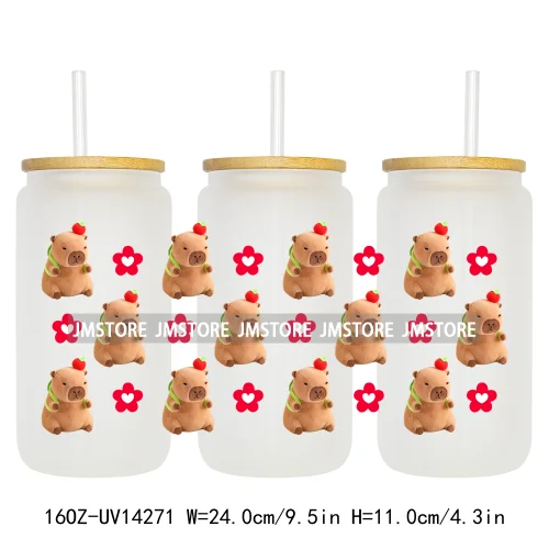 Cute Capybara Flower Heart UV DTF Wraps Transfer Sticker Selfadhesive Waterproof High Quality For 16OZ Libbey Glass Can Tumbler