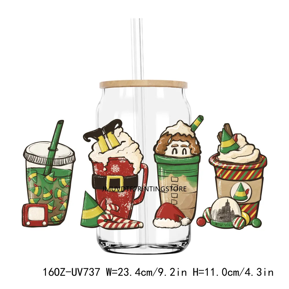 Christmas Coffee Santa 16OZ UV DTF Cup Wrap Transfers Stickers Custom Labels DIY Durable Waterproof Logo For Libbey Glass Can