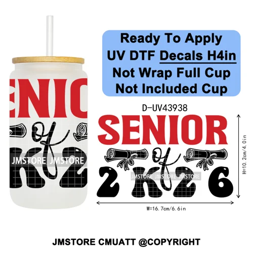 Girly University Graduation 2026 UV DTF Decals Ready To Apply Waterproof Transfer Stickers DIY Crafts For 16OZ Libbey Glass Can