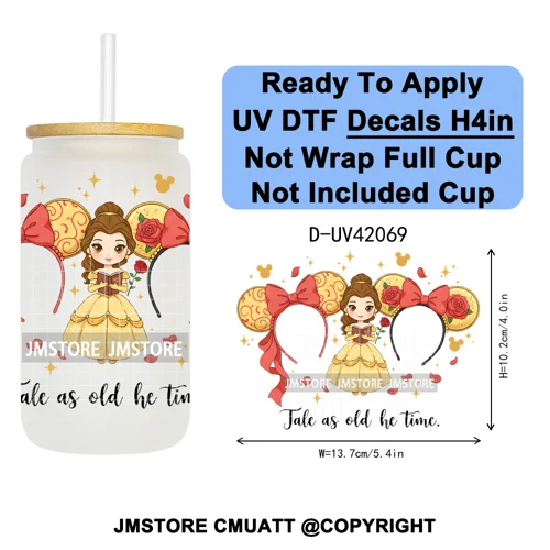 Cartoon Mouse Head Princess Family Vacation UV DTF Decals Ready To Apply Waterproof Transfer Stickers For 16OZ Libbey Glass Can