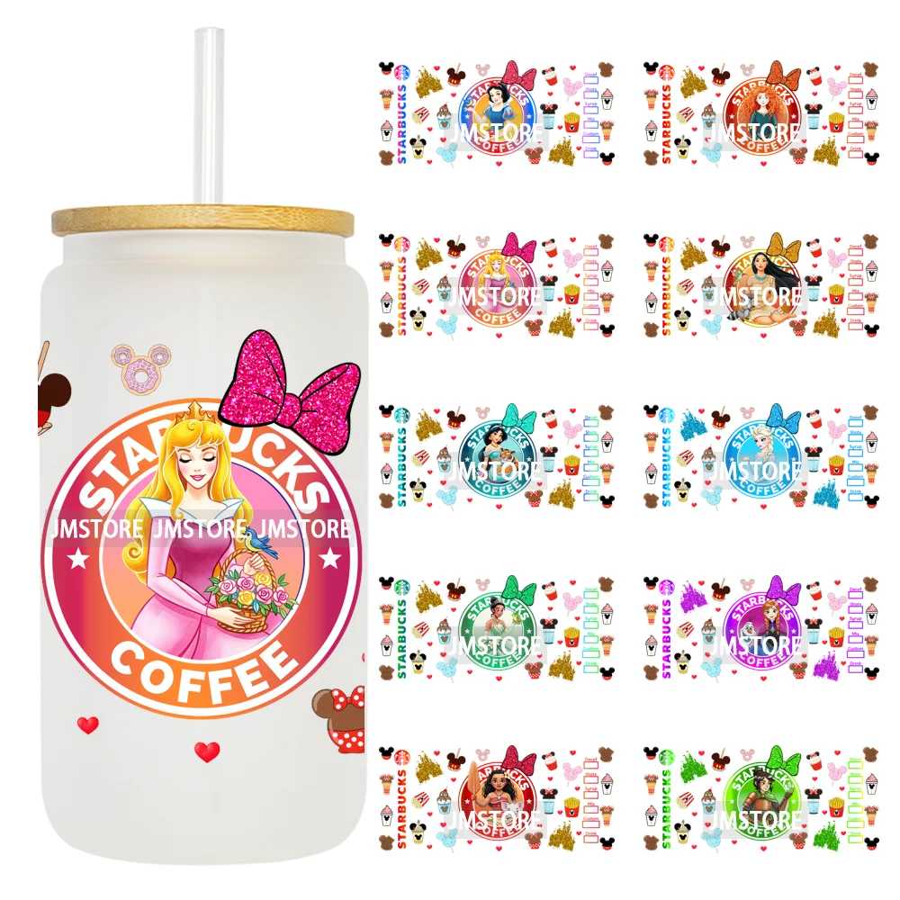Faux Glitter Coffee Cartoon Princess Girly 16OZ UV DTF Cup Wraps Ready To Apply Waterproof Transfer Sticker For Libbey Glass Can