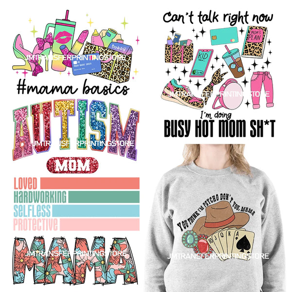 Colorful Mother Baby Hood Autism Mom Good Mama Day Bad Words Printing Mama Basics DTF Heat Transfer Stickers For T-shirts