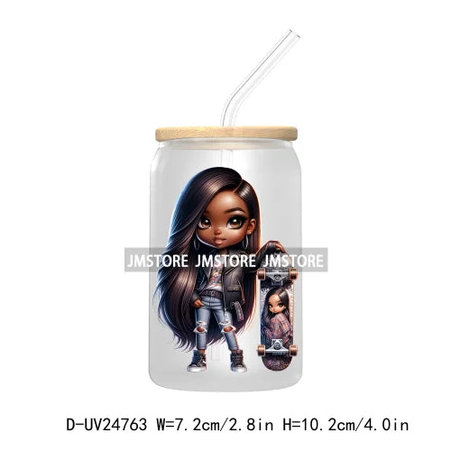 Black Chibi Girl UV DTF Transfers Stickers Decals For Libbey Cold Cups Mugs Tumbler Waterproof DIY Craft Beautiful Afro Woman