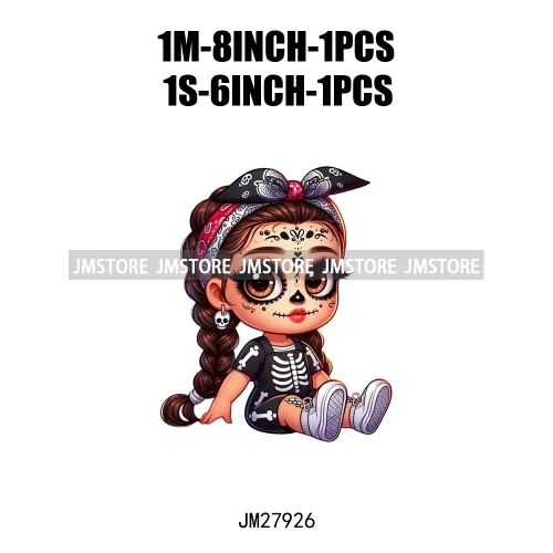 Halloween Skeleton Latina Baby Chibi Hispanic Girls Spooky Season DTF Iron On Transfers Stickers Ready To Press For Clothing