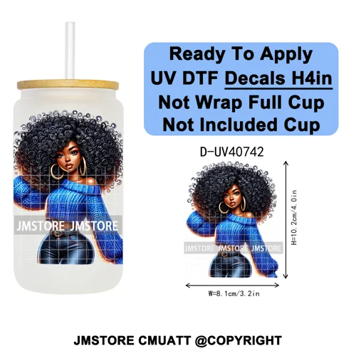 Big Hair Fashionable Black Girl UV DTF Decals Ready To Apply Waterproof Transfer Stickers DIY Crafts For 16OZ Libbey Glass Can