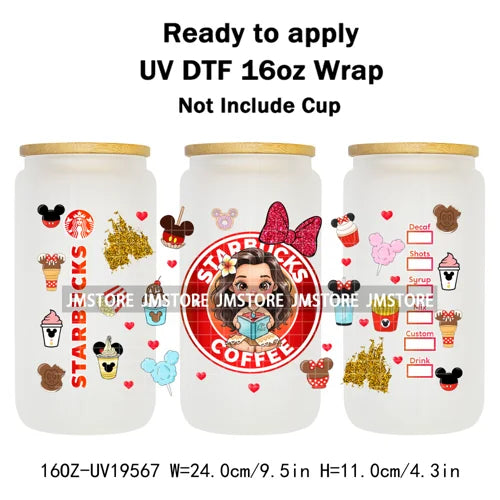 Faux Glitter Coffee Cartoon Princess Girly 16OZ UV DTF Cup Wraps Ready To Apply Waterproof Transfer Sticker For Libbey Glass Can