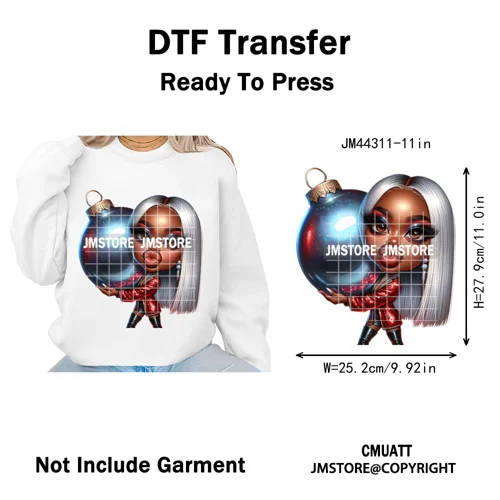 Sassy Black Girl Santa Christmas Bright Gingerbread Iron on Washable DTF Heat Transfers Stickers Ready to Press for Sweatshirts