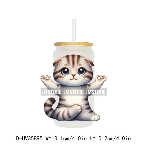 Cute Chubby Yoga Cats Animals UV DTF Transfer Stickers Decals Ready To Apply Waterproof For 16OZ Libbey Glass Can Cups Tumbler