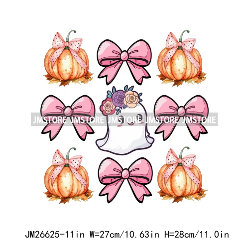 Colorful Halloween Spooky Season Cute Ghost Pumpkin Girly Coquette Bow DTF Iron On Transfers Stickers Ready To Press For T-shirt