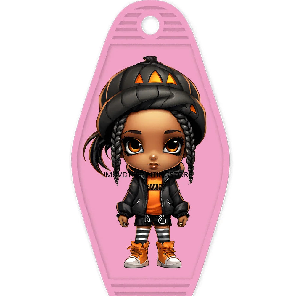 Halloween Pumpkin Cute Afro Girls High Quality WaterProof UV DTF Sticker For Motel Hotel Keychain Festival Gifts