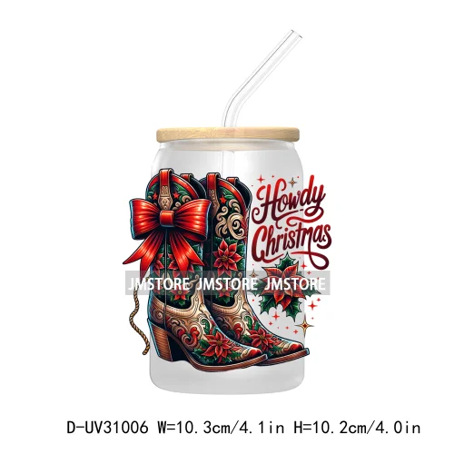 Howdy Christmas Boots Cowboy Cowgirl Western Country Xmas UV DTF Transfer Stickers Decals For Libbey Cold Cups Mugs Tumbler Bow