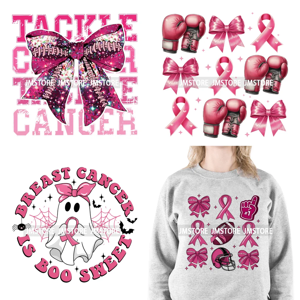 Coquette Football Bow Pink Out Tackle Breast Cancer Awareness Ribbon Iron On DTF Transfer Stickers Ready To Press For Clothing