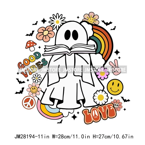 Diy Spooky Ghost Love Reading More Books Good Vibes Halloween Decals DTF Iron On Transfers Stickers Ready To Press For T-shirts