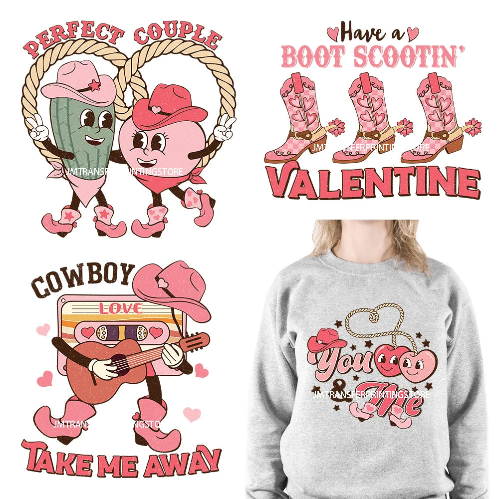 Retro Distressed Western Cowboy Horse Boot Scootin Valentines Day Howday Honey Couple Iron On DTF Transfer Stickers For Clothing