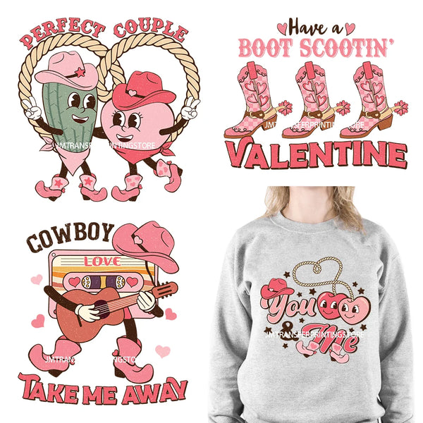 Retro Distressed Western Cowboy Horse Boot Scootin Valentines Day Howday Honey Couple Iron On DTF Transfer Stickers For Clothing