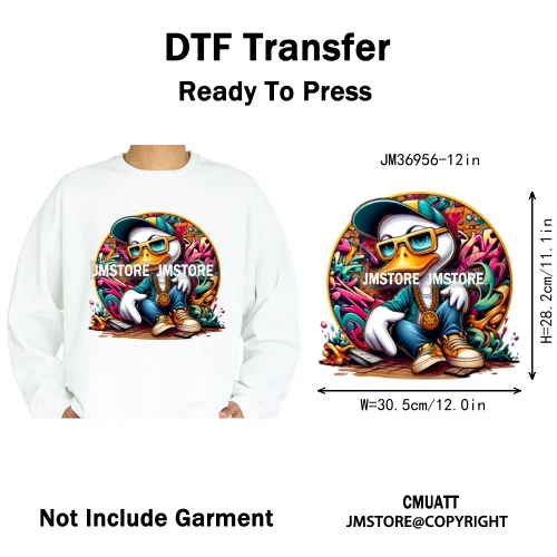 12in Cool Urban Trap Style King Animal Rich Ducks With Gold Chain Iron on DTF Heat Transfer Sticker Ready to Press for Clothing