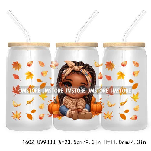 Afro African Girl 16OZ UV Cup Wrap DTF Transfer Stickers For Libbey Glass Can Cups Tumbler Fall Season Autumn Waterproof Labels