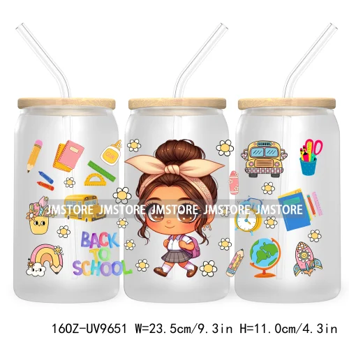 Back To School Cartoon Princess 16OZ UV Cup Wrap DTF Transfer Sticker For Libbey Glass Can Cups Tumbler Waterproof Label Teacher