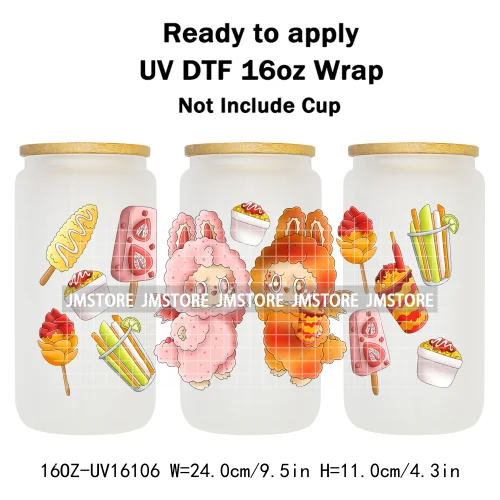 Cute Monster Doll Mexican Food Snacks UV DTF Wraps Transfer Stickers Waterproof High Quality For 16OZ Libbey Glass Can Tumbler
