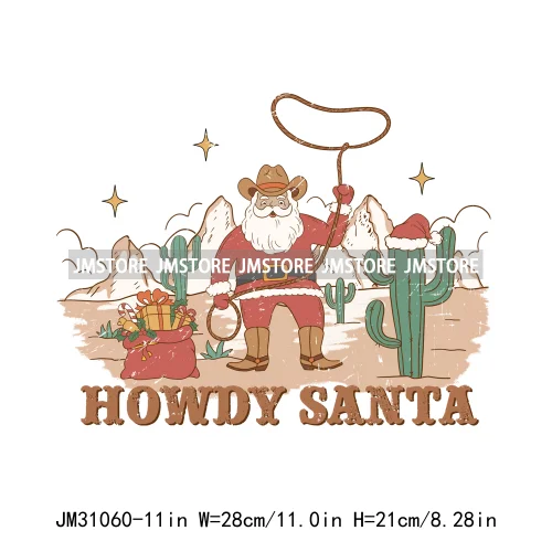 Funny Retro Western Merry Bright Country Christmas Cowgirl Howdy Tree Iron On DTF Transfers Stickers Ready To Press For Hoodies