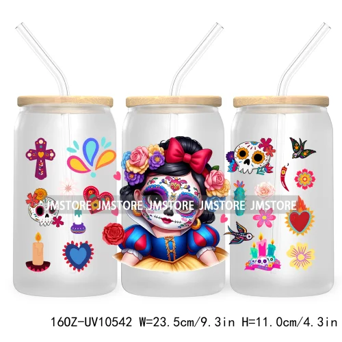 Dia De Los Muertos Mexican UV DTF Sticker For 16OZ Libbey Glass Cup Can Wrap Transfer Stickers Hispanic Halloween Sugar Skulls