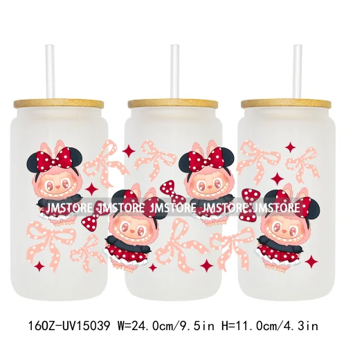 Trendy Coquette Bow Cartoon Doll Monsters 16OZ UV DTF Cup Wraps Ready To Apply Waterproof Transfer Stickers For Libbey Glass Can