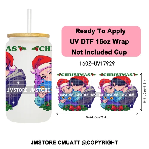 Kpop Demon Inspired Movie Christmas Santa Hat 16OZ UV DTF Cup Wrap Ready To Apply Durable Transfer Stickers For Libbey Glass Can