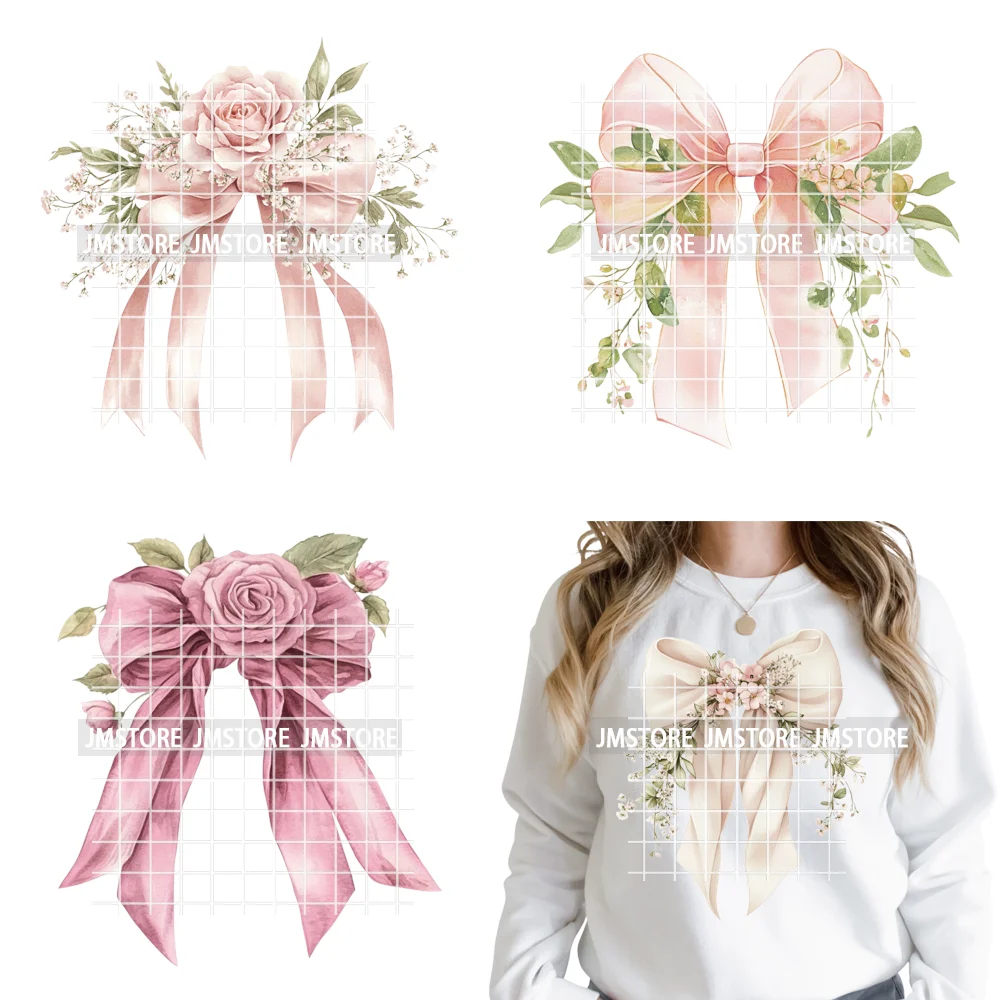 Pink Bow Silk Wedding Coquette Girl Ribbon Tied Printing Iron on DTF Thermal Transfers Stickers Ready to Press for Clothing Bags