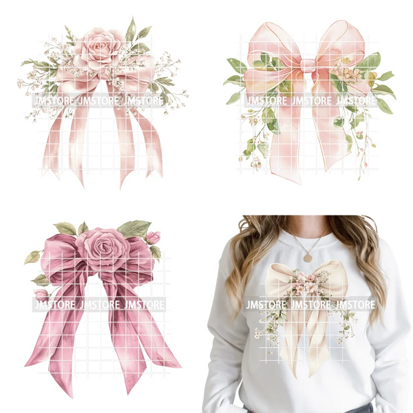 Pink Bow Silk Wedding Coquette Girl Ribbon Tied Printing Iron on DTF Thermal Transfers Stickers Ready to Press for Clothing Bags
