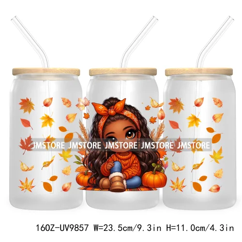 Afro African Girl 16OZ UV Cup Wrap DTF Transfer Stickers For Libbey Glass Can Cups Tumbler Fall Season Autumn Waterproof Labels