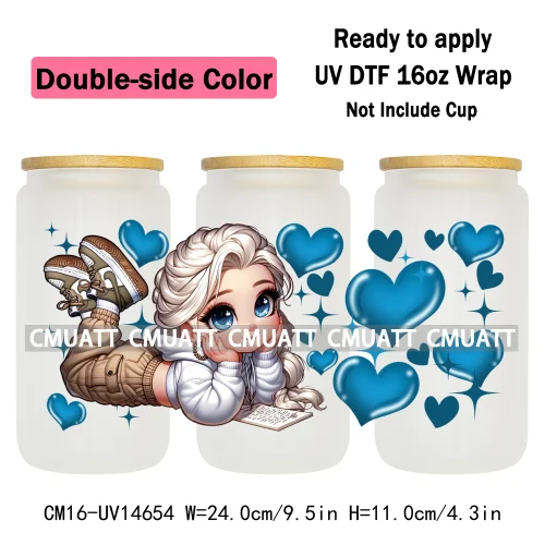 Double Sided Color UV DTF Cup Wraps 16OZ Wholesale Custom Bulk Waterproof Cartoon Lovely Princess Design For DIY Craft Mug Glass