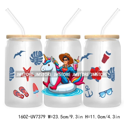 Hero Cartoon Summer Vacation 16OZ UV DTF Cup Wrap Transfers Stickers Custom Labels Durable Waterproof Logo For Libbey Glass Can