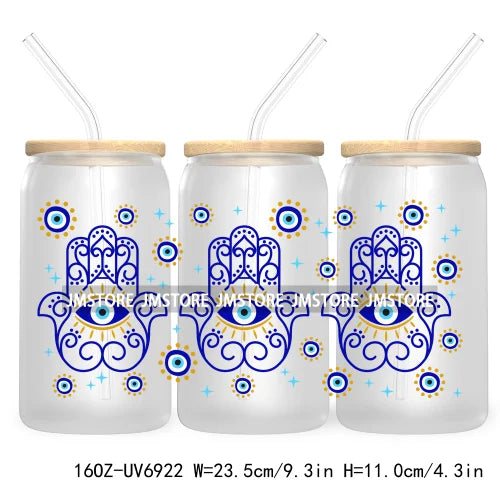 Blue Evil Eye 16OZ UV DTF Cup Wrap Transfers Stickers For Libbey Glass Can Cups Tumbler Waterproof Craft Mexican Culture Wraps