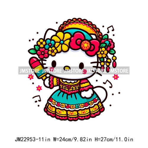 Happy Cinco De Mayo Feista Mexican Hello Cat Iron On Flower Music Cactus Sombrero Hat DTF Transfer Stickers For Clothing