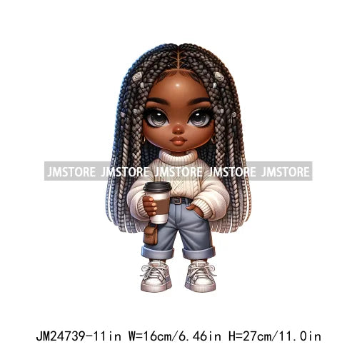 Dreadlocks Coffee Chibi Black Girls Pink Fashion African American Denim Girl Iron On DTF Heat Press Transfer Stickers For Shirts