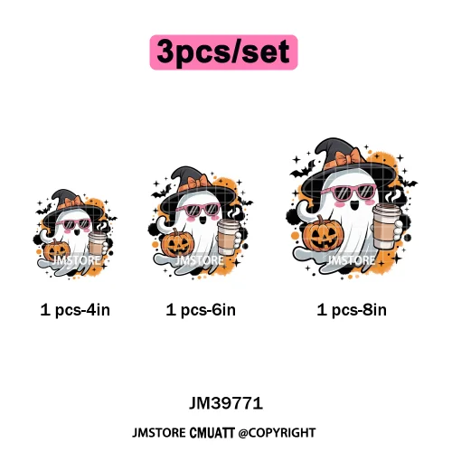 Spooky Coffee Lover Halloween Coquette Pumpkins Witches Ghost Iron on DTF Washable Transfers Stickers Ready to Press for Clothes