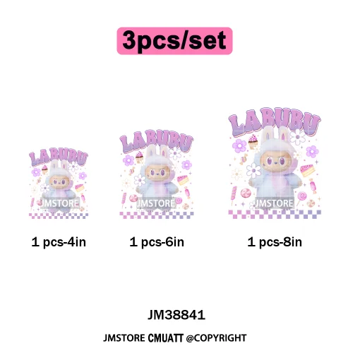 Floral Cute Checkered Cartoon Monster Character Iron on DTF Washable Transfers Stickers Designs Ready to Press for Textile Bags