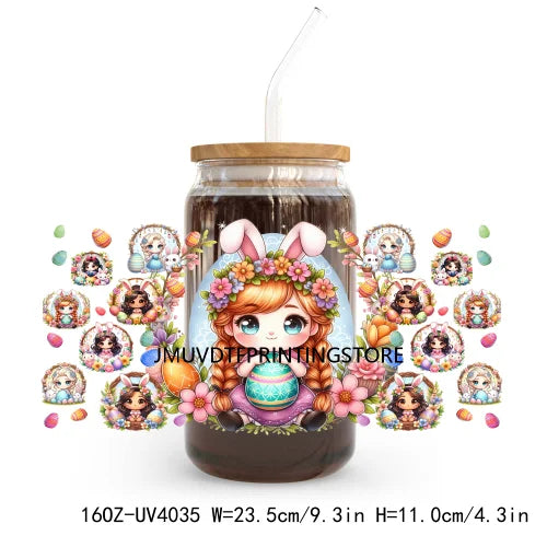 Cute Cartoon Girl With Egg UV DTF Sticker For 16OZ Libbey Glass Cup Can Wrap Transfer Sticker Custom Print DIY Logo Easter Vibes