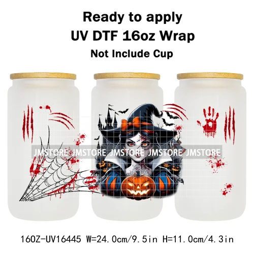 Halloween Witch Princess Bat Pumpkin UV DTF Wraps Transfer Stickers Waterproof High Quality For 16OZ Libbey Glass Can Tumbler
