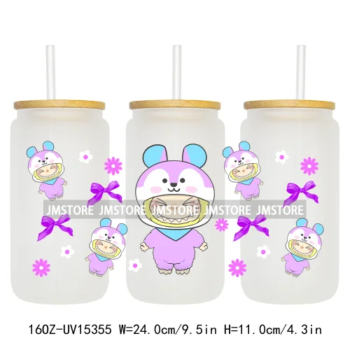 Coquette Bow Cartoon Monsters In Outfit UV DTF Cup Wraps Ready To Apply Waterproof Transfer Stickers For 16OZ Libbey Glass Can