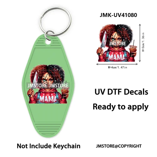 Black Horror Mama Skull Skeleton Ghosts UV DTF Motel Keychain Wraps Ready To Apply Waterproof High Quality Hotel Keychain Decals
