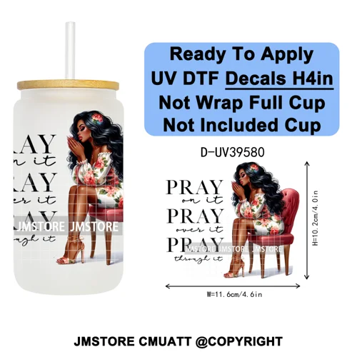 Fashion Girl Praying Black Women UV DTF Decals Ready To Apply Waterproof Transfer Stickers DIY Crafts For 16OZ Libbey Glass Can