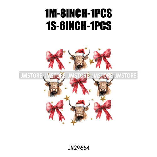 Christmas Santa Red Coquette Highland Cow Xmas Holly Jolly Vibes Iron On DTF Transfers Stickers Ready To Press For T-shirts