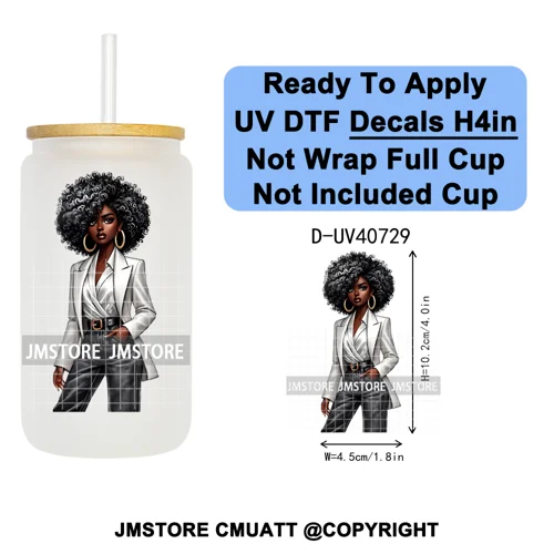 Big Hair Fashionable Black Girl UV DTF Decals Ready To Apply Waterproof Transfer Stickers DIY Crafts For 16OZ Libbey Glass Can