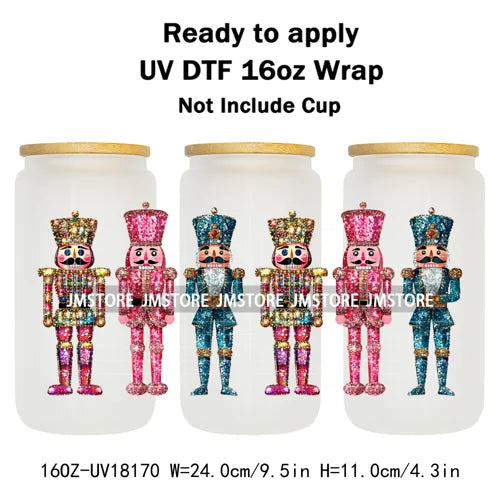 Faux Glitter Preppy Nutcracker Christmas UV DTF Cup Wrap Ready To Apply Transfer Sticker 16OZ Tumbler Wraps For Libbey Glass Can