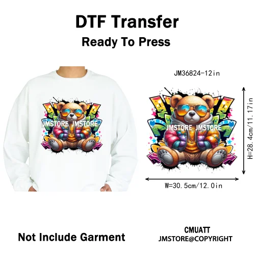 12in Hip Hop Vibes Urban Style Rich Bear With Gold Chains King Animal Iron on DTF Transfers Stickers Ready to Press for Textile