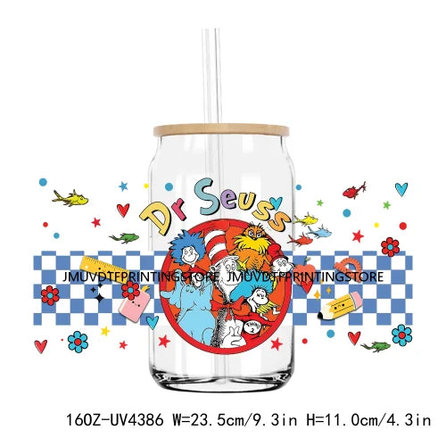 Cartoon Dr Seuss Love Reading Books UV DTF Sticker For 16OZ Libbey Glass Cup Can Wrap Transfer Sticker Custom Labels DIY Logo