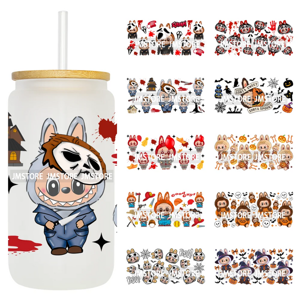 Laboo Horror Movie Characters Halloween 16OZ UV DTF Cup Wraps Ready To Apply Waterproof Transfer Stickers For Libbey Glass Can